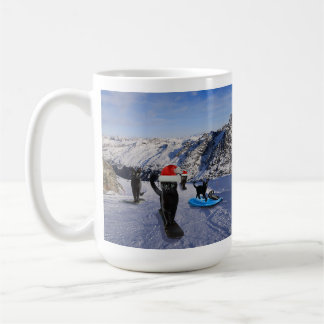 Black Cats in Santa Hats Snowboarding Adventure Coffee Mug