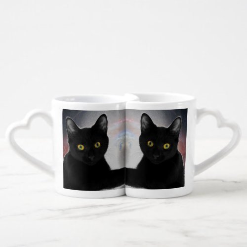Black cats in space couple sharing mugs