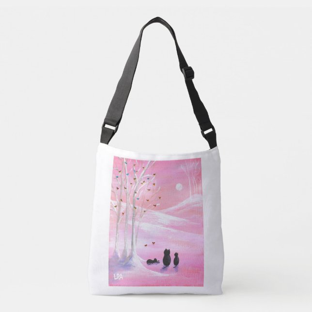 Black Cats in Winter Colorful Birds Crossbody Bag (Front)