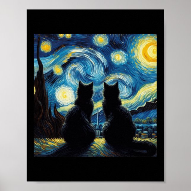Black Cats Lover Starry Night Van Gogh Cat Mom Cat Poster (Front)