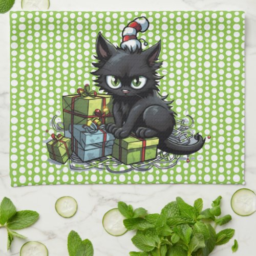 Black Cats Making Mischief Christmas  Kitchen Towel