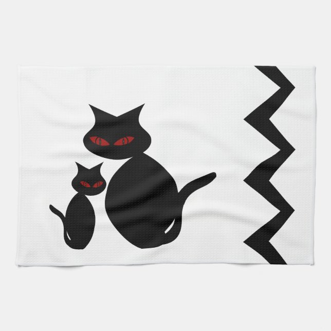 Black Cats Mama and Baby Art Deco Kitchen Towels (Horizontal)