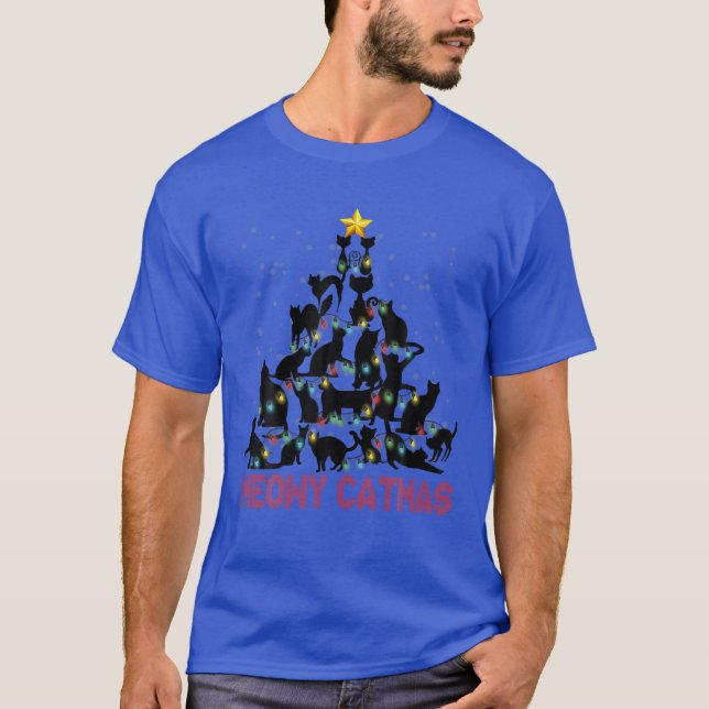 Black Cats Meowy Catmas Christmas Tree Lights Orna T-Shirt (Front)