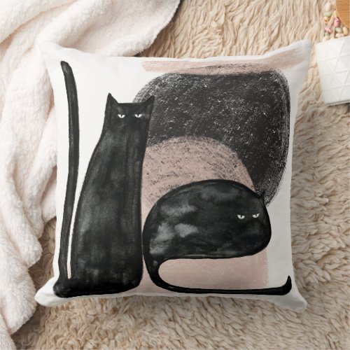 Black cats minimalist illustration cat modern art throw pillow