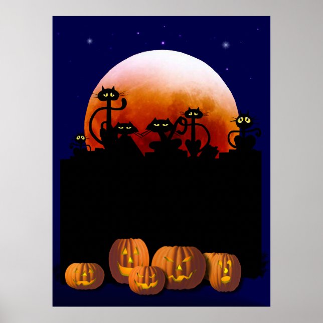 Black Cats, Moon, Pumpkins Poster (Front)