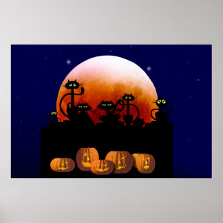 Black Cats, Moon, Pumpkins Poster