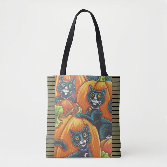 BLACK CATS, MOUSE, JACKS, HALLOWEEN SHOULDER TOTE BAG (Front)