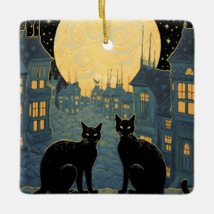 Black Cats on A Rooftop Ceramic Ornament