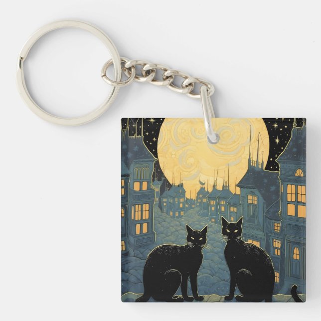 Black Cats on A Rooftop Keychain (Front)