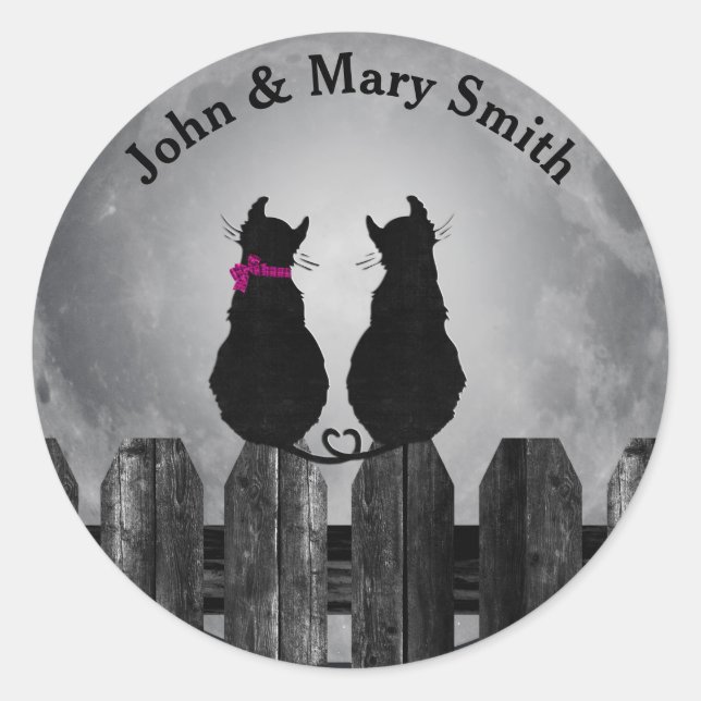 black cats on fence in moonlight classic round sticker (Front)