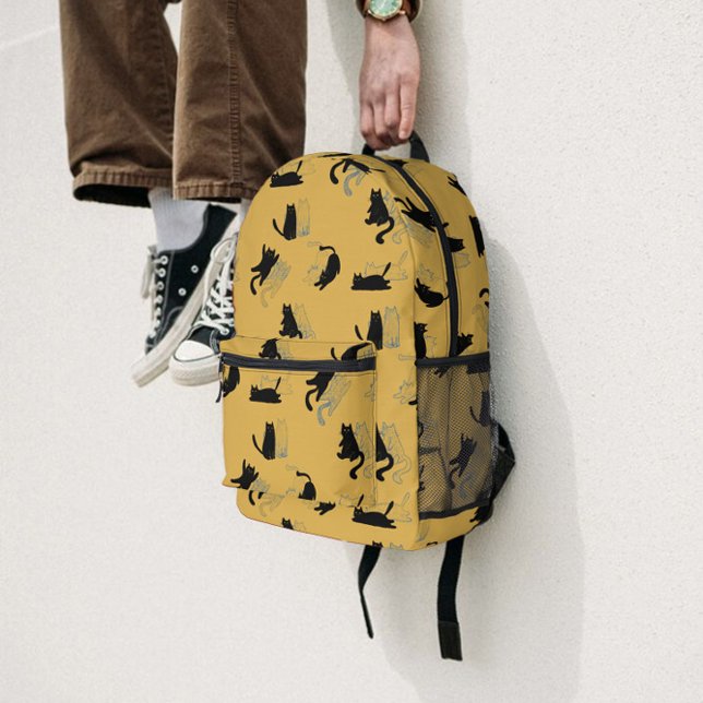 Black Cats on Mustard with Blue Outlines– Modern  Printed Backpack (Creator Uploaded)
