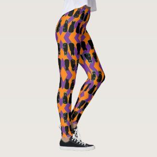 Black Cats on Orange and Purple Harlequin Stripe Leggings