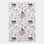 BLACK CATS ON PEONY FLOWERS - pink palette Kitchen Towel