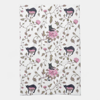 BLACK CATS ON PEONY FLOWERS - pink palette Kitchen Towel
