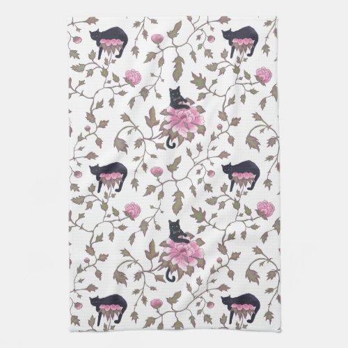 BLACK CATS ON PEONY FLOWERS _ pink palette Kitchen Towel