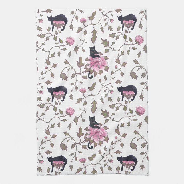 BLACK CATS ON PEONY FLOWERS - pink palette Kitchen Towel (Vertical)