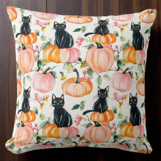 Black Cats on Pumpkins Fall Halloween  Throw Pillow (Creator Uploaded)
