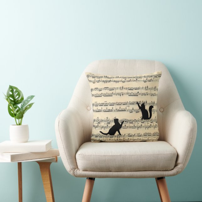 Black Cats on Sheet Music Throw Pillow (Chair)
