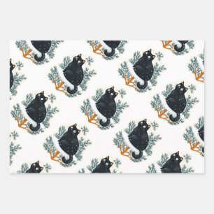 Black cats on the Christmas tree snow retro art Wrapping Paper Sheets
