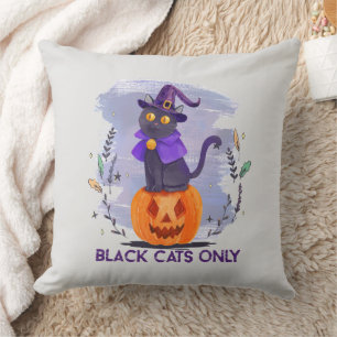 Black Cats Only – Witch Cat on Jack-O’-Lantern Throw Pillow