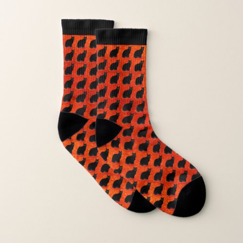 Black Cats Orange Pattern Halloween Socks