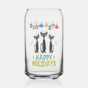 Black Cats & Ornaments Retro Mid Century Christmas Can Glass