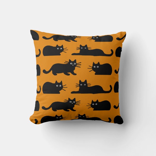Black Cats Pattern Orange Throw Pillow (Front)