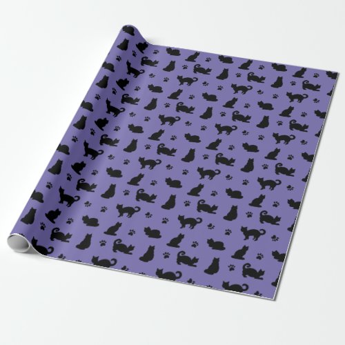 Black Cats Paw Prints Purple Wrapping Paper