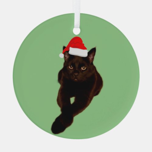 Black Cats Photo Cutout with Santa Hat Green Glass Ornament