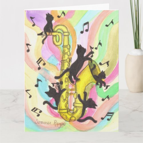 Black Cats playing on Saxophone Card