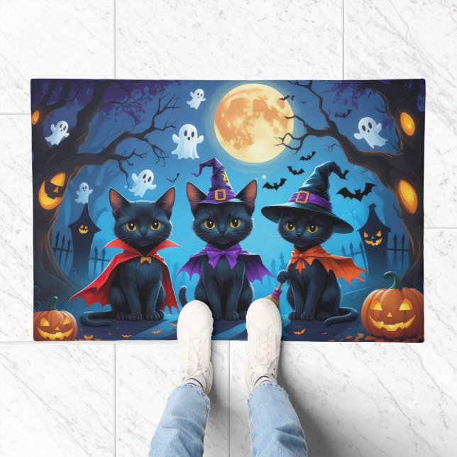 Black Cats Pumpkin Halloween Funny Doormat (Indoor)