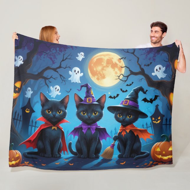 Black Cats Pumpkin Halloween Funny Fleece Blanket (In Situ)
