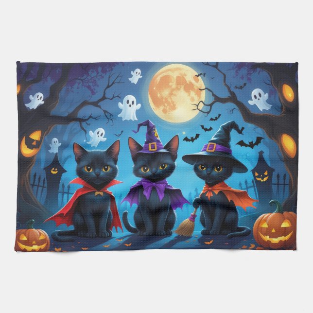 Black Cats Pumpkin Halloween Funny Kitchen Towel (Horizontal)