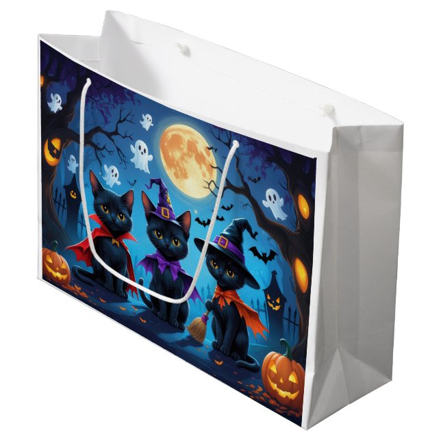 Black Cats Pumpkin Halloween Funny Large Gift Bag (Front Angled)