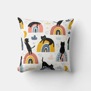 Black Cats Rainbows Fantasy Pattern Throw Pillow