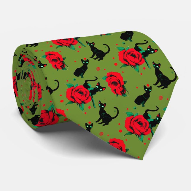Black Cats Red Roses Pattern Dark Valentine Neck Tie (Rolled)