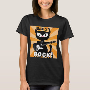 BLACK CATS ROCK! Black Cartoon Cat Playing Guitar T-Shirt