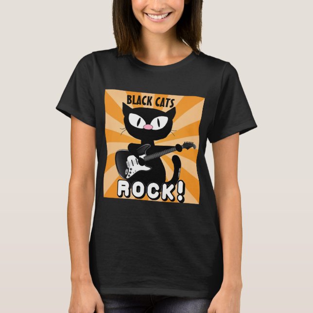BLACK CATS ROCK! Black Cartoon Cat Playing Guitar  T-Shirt (Front)