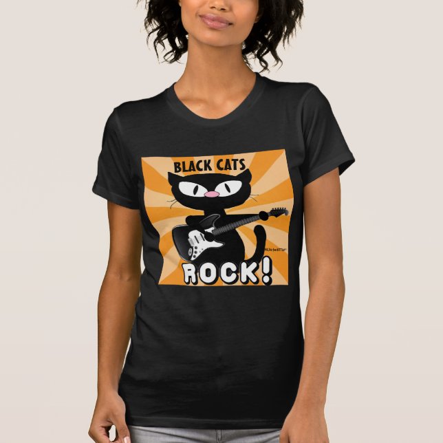 BLACK CATS ROCK! Black Cartoon Cat Playing Guitar T-Shirt (Front)