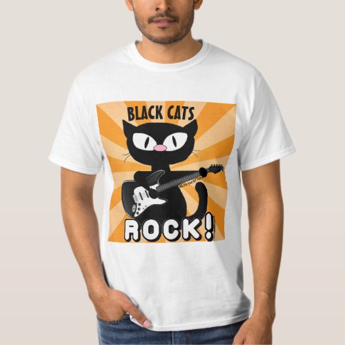 BLACK CATS ROCK Black Cartoon Cat Playing Guitar T_Shirt