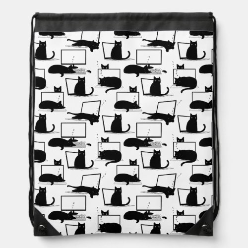 Black Cats Sitting on Laptops Pattern Drawstring Bag