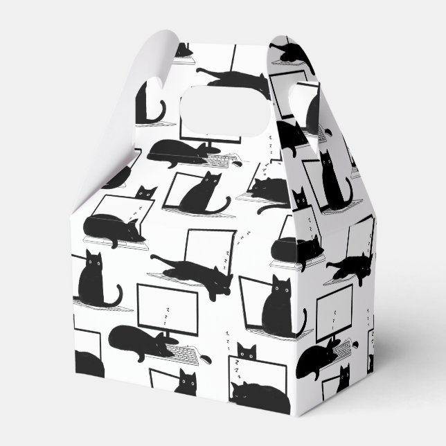 Black Cats Sitting on Laptops Pattern Favor Boxes (Front Side)