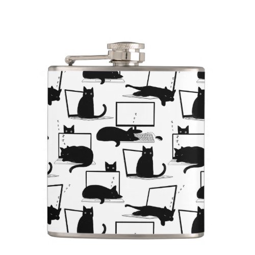 Black Cats Sitting on Laptops Pattern Flask