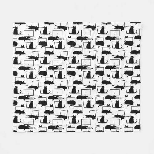 Black Cats Sitting on Laptops Pattern Fleece Blanket