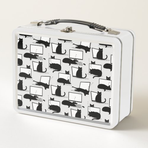 Black Cats Sitting on Laptops Pattern Metal Lunch Box