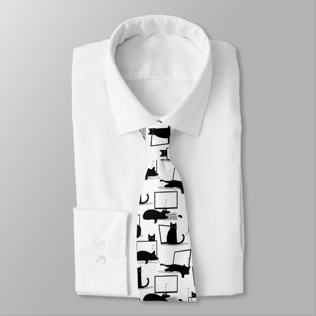 Black Cats Sitting on Laptops Pattern Neck Tie (Tied)