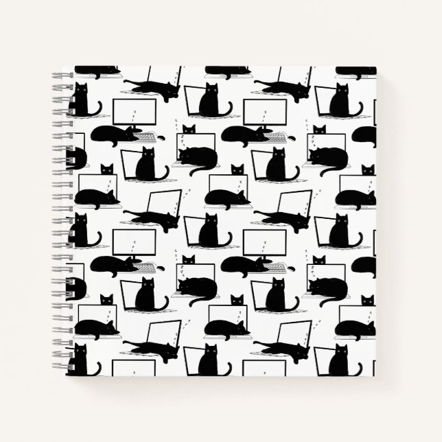 Black Cats Sitting on Laptops Pattern Notebook (Front)