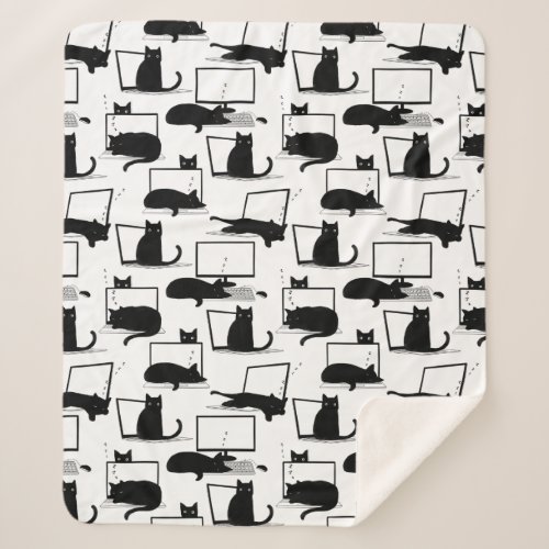 Black Cats Sitting on Laptops Pattern Sherpa Blanket