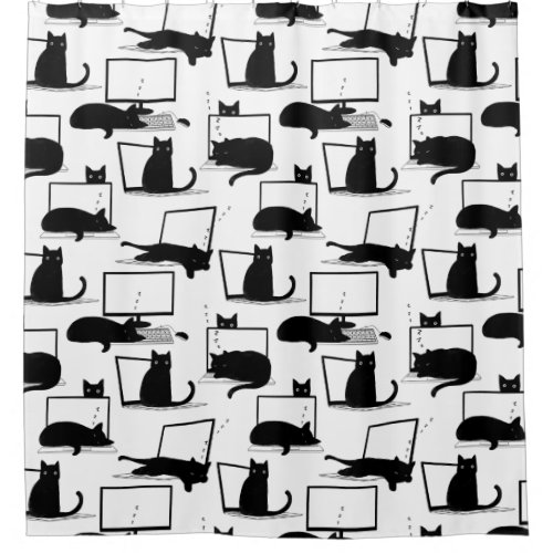 Black Cats Sitting on Laptops Pattern Shower Curtain