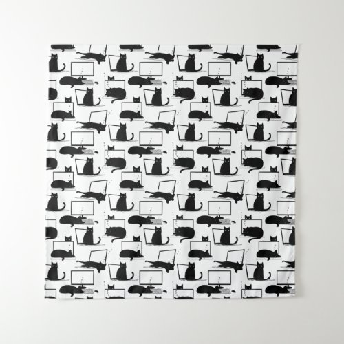 Black Cats Sitting on Laptops Pattern Tapestry